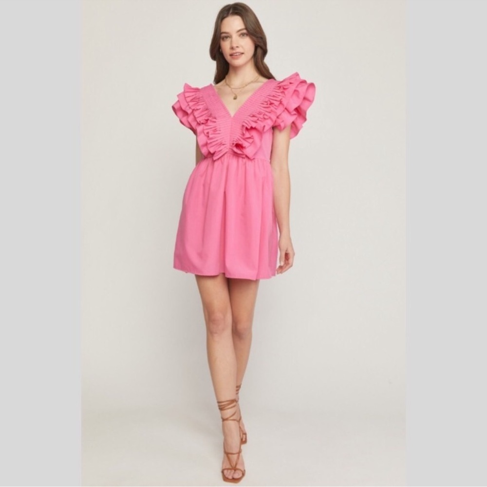 NWT Entro Pink Ruffled V-Neck Dress size M